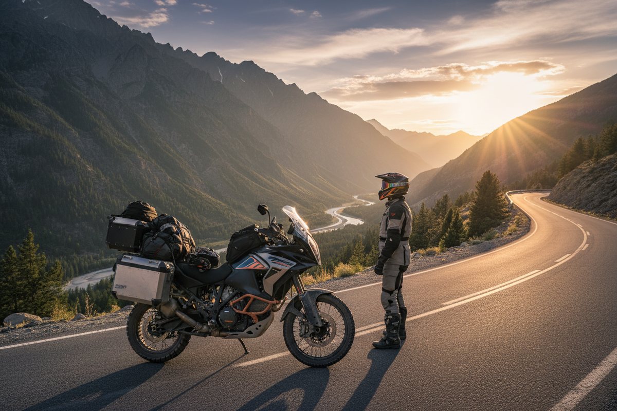 Moto da viaggio su strada di montagna